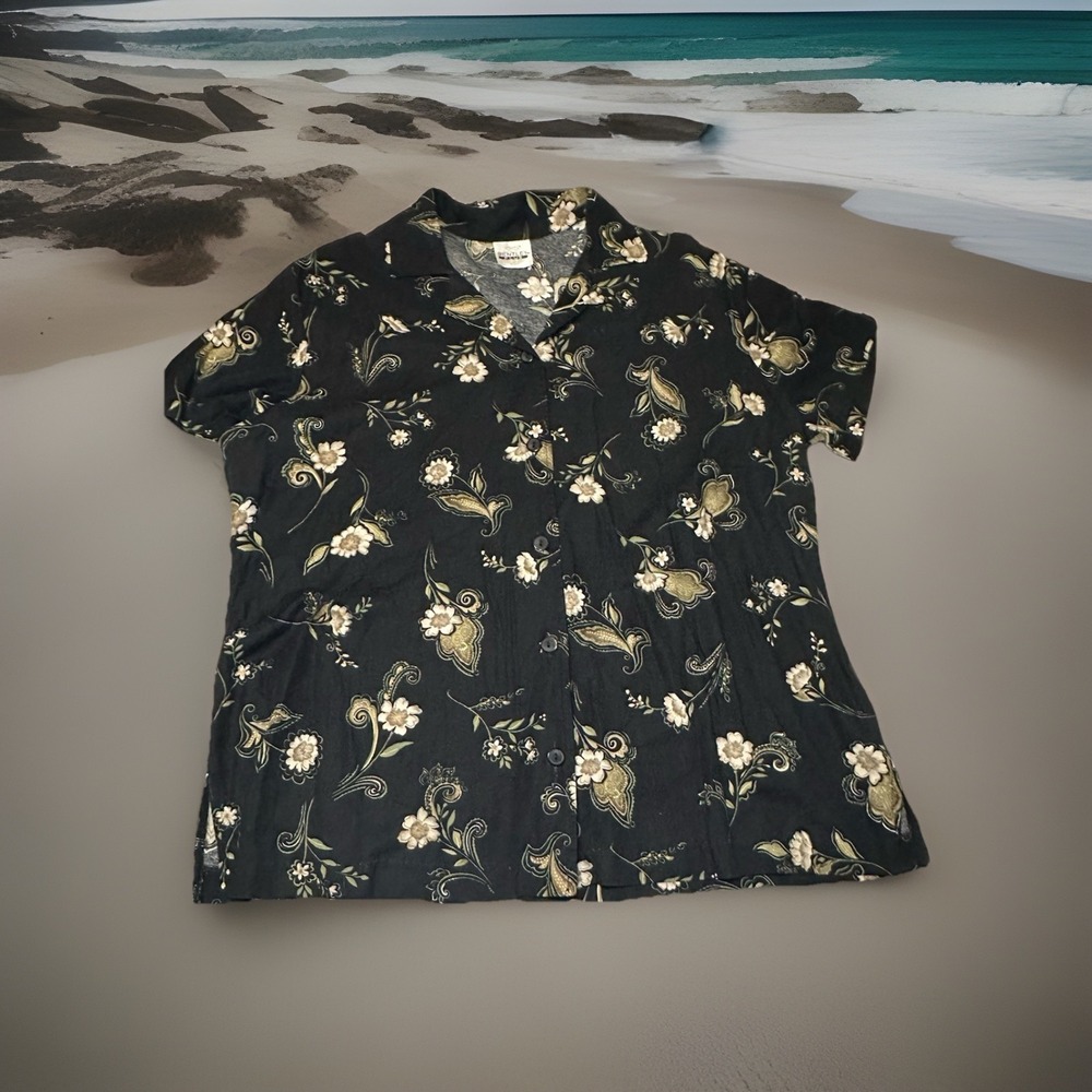 Vintage Bentley Plus Hawaiian Floral Camp Shirt Women's Large Black Button Up